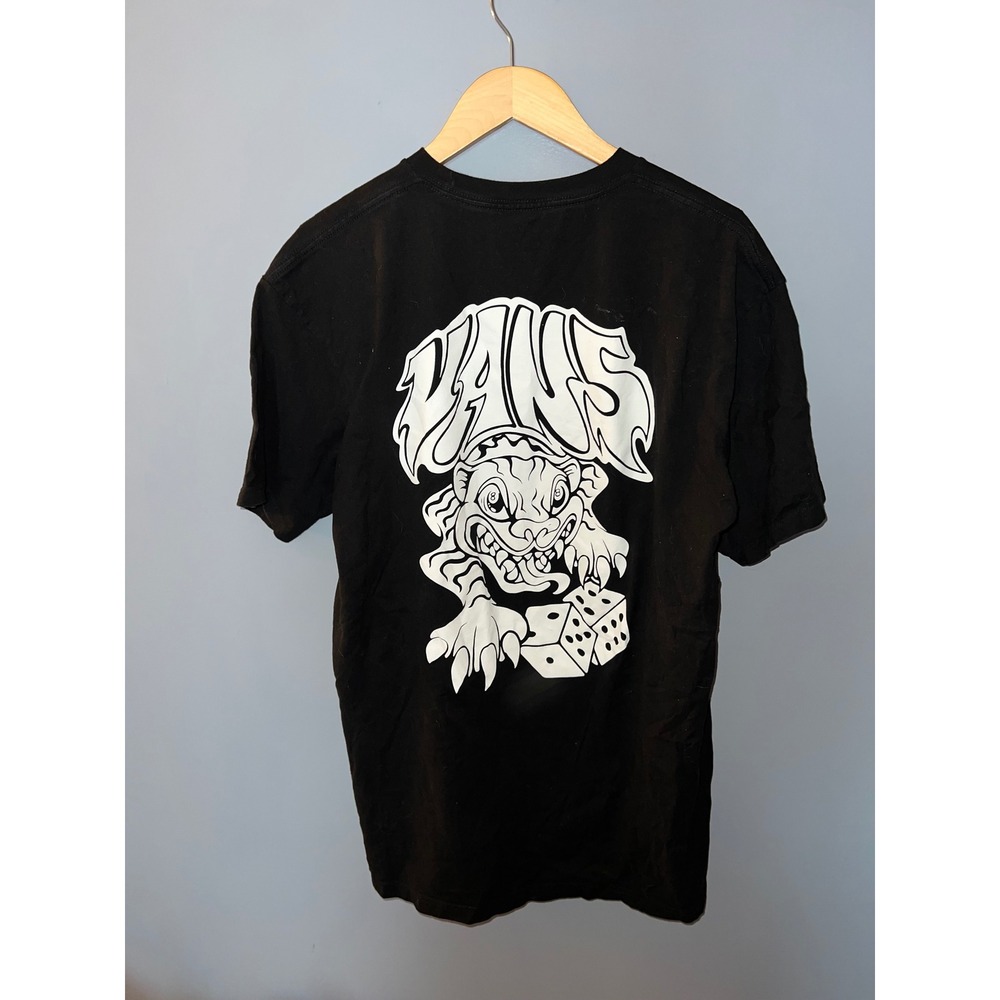 Vans Mens Large Black Graphic T-Shirt Tiger Dice Flame Logo Classic Fit Tee